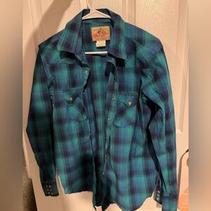 Wrangler Blue and Green Plaid Casual Shirt